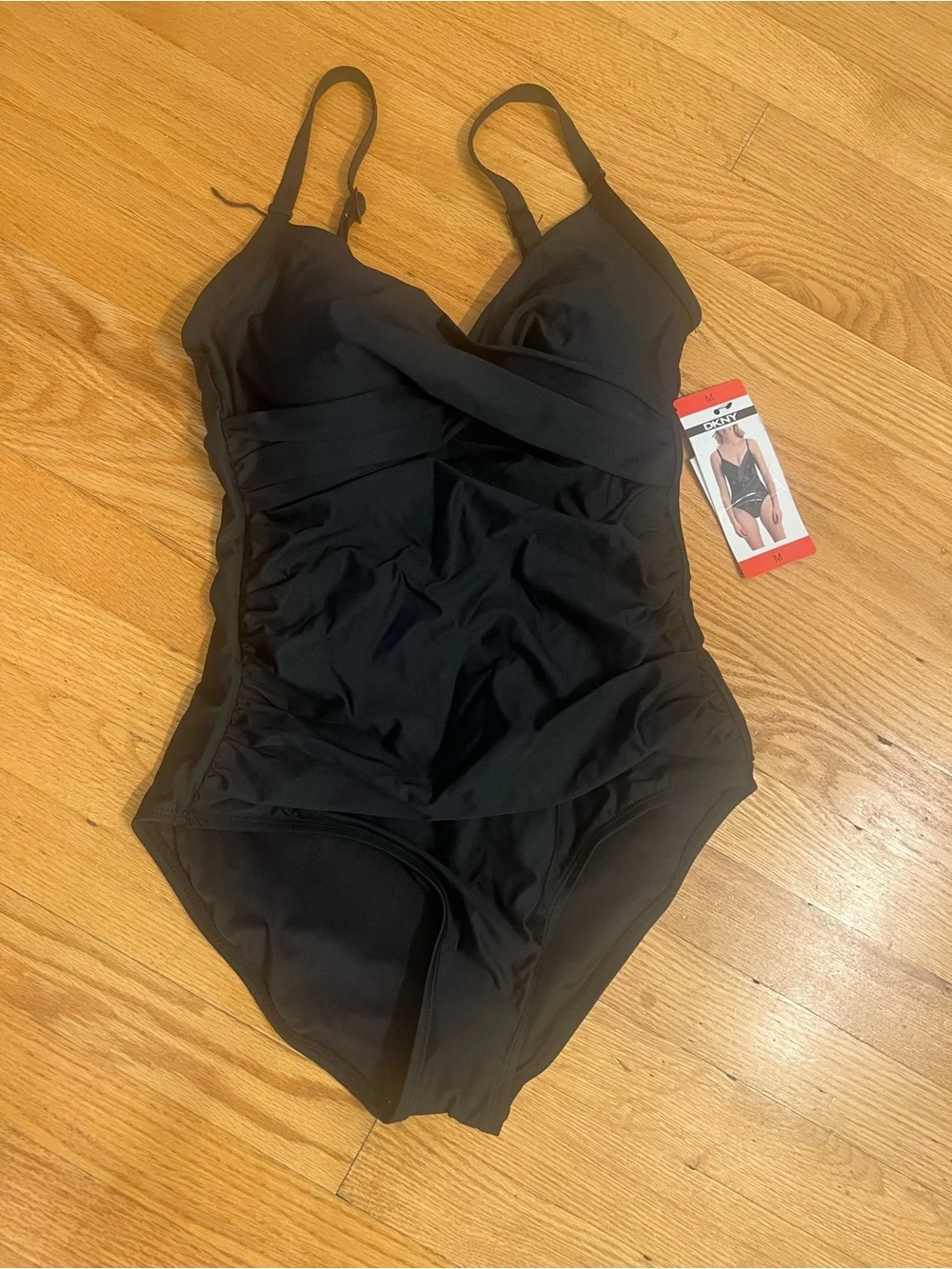 DKNY Black One-Piece Womens Swimwear with Draped Front swimsuit - Picture 2 of 3